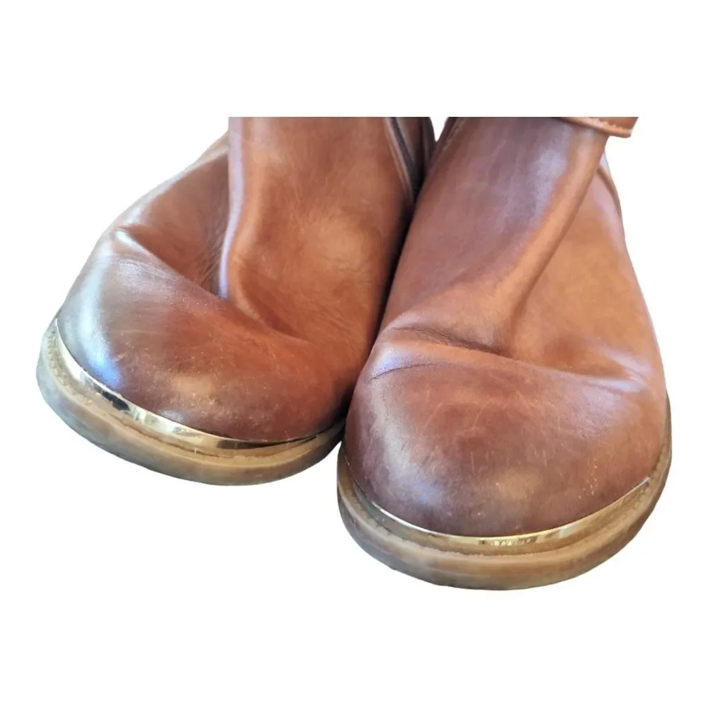 Gianni Bini Leather Knee High Riding Boots Cognac Brown Gold Buckles women's 6M